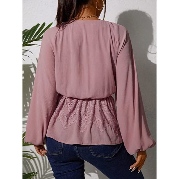 Pink Lace Chiffon V-Neck Wrap Peplum Long Bishop Sleeve Dressy Top Blouse - Picture 4 of 7